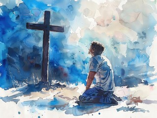 illustration Young man kneeling and looking at the cross