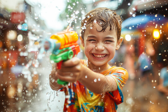 Happy traveler european boy wearing summer shirt holding colourful squirt water gun over blur city, Water festival holiday concept