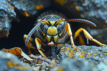 An image capturing a yellowjacket wasp returning to its nest with a piece of meat, contributing to t