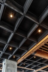 Interior design of modern restaurant ceiling. Steam-punk, pop-art, high-tech, loft design. metal and wood combination