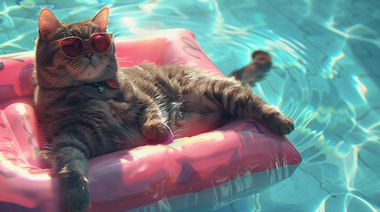 Cute gray cat in sunglasses lies on inflatable pink raft in the pool. Summer rest background