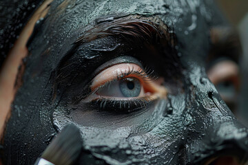 An image capturing the application of a charcoal face mask specifically formulated for men's skin, k - obrazy, fototapety, plakaty