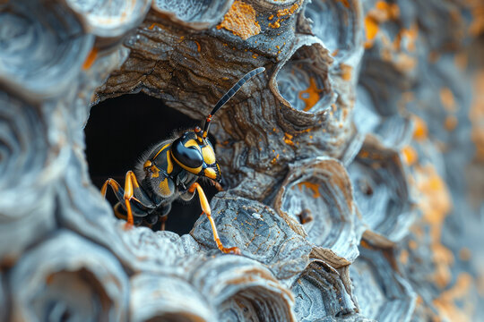 An image capturing a yellowjacket wasp returning to its nest with a piece of meat, contributing to t