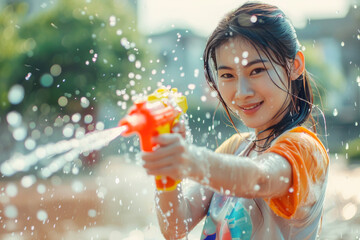 Happy traveler asian woman wearing summer shirt holding colorful squirt water gun over blur city, Water festival holiday concept