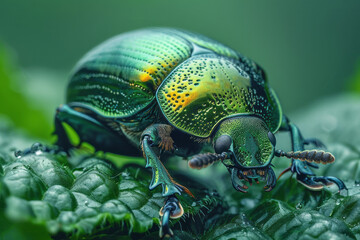 Naklejka premium A close-up of a leaf beetle, its green metallic body almost invisible against the leaf it feeds on,