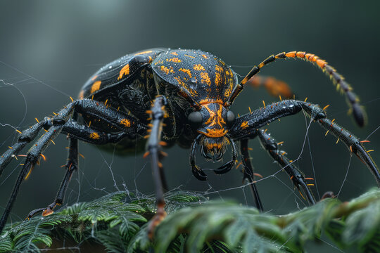 An image of a beetle with unusually long legs, traversing the sticky web of a spider without becomin