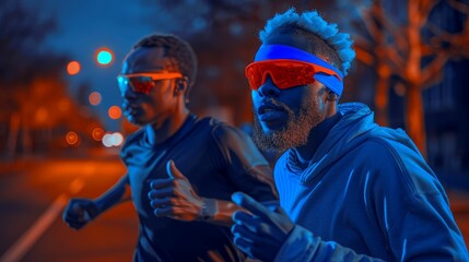 Blind marathon runner crossing the finish line, guided by determination and partnership  - obrazy, fototapety, plakaty
