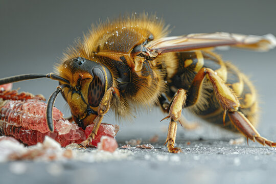 An image of a hornet dissecting its prey to carry back only the most nutritious parts, an example of