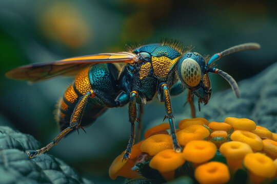 An image of a jewel wasp, shimmering in the sunlight, as it lays its eggs on a parasitic plant that
