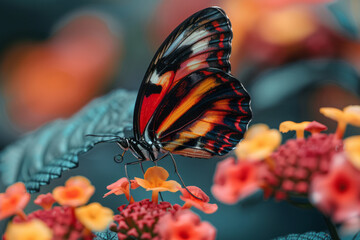 An image of a Postman butterfly, its long, elegant wings patterned with stripes of red and black as