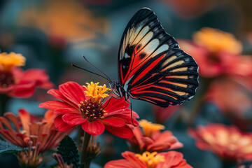 Obraz premium An image of a Postman butterfly, its long, elegant wings patterned with stripes of red and black as
