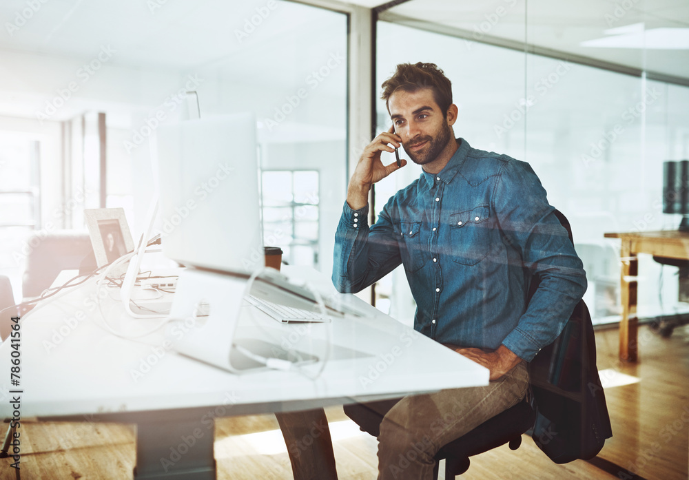 Aufkleber working, laptop and businessman with phone call in office for networking, discussion or talk with co