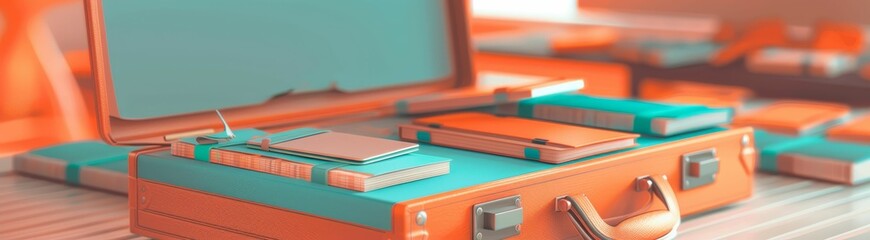 Budding novelist s suitcase, notebooks and inspiration, stories waiting to be written 