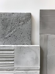 pieces of grey concrete material, each with different textures and patterns, arranged on top of one another in the same row, creating an artistic display.