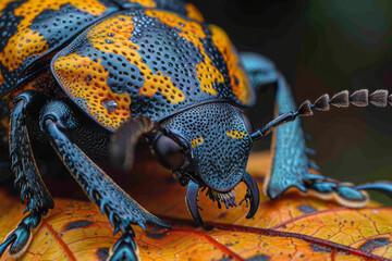 A close-up of a leaf beetle whose coloration mimics the fallen leaves of a rare tree species, provid