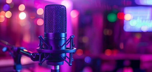 A microphone is on a stand in a room with a purple background