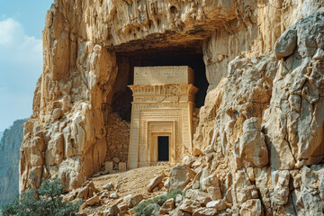 An imposing structure carved into a cliff face, guarding ancient Lemurian knowledge inscribed on gol
