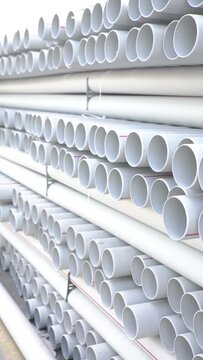 PVC pipes stacking on ground in construction site, 3D rendering. High quality 4k footage