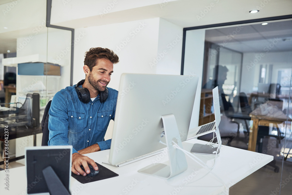 Poster Smile, computer and business man in office for planning, reading email or network online in creative startup. Pc, programmer and coding software for information technology, internet or cyber security