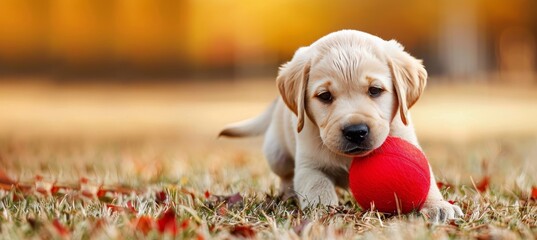 Golden retriever puppy playing fetch with a friend, joyful interaction in the park - obrazy, fototapety, plakaty