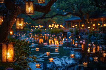Night Illumination - An enchanting nighttime scene where the gardens are illuminated by oil lamps, r - obrazy, fototapety, plakaty