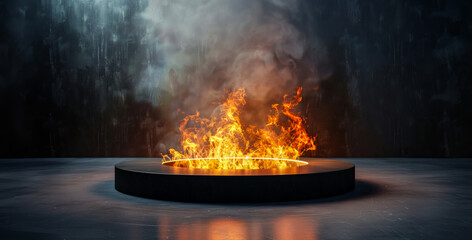 A fire is burning in a circular pit - obrazy, fototapety, plakaty