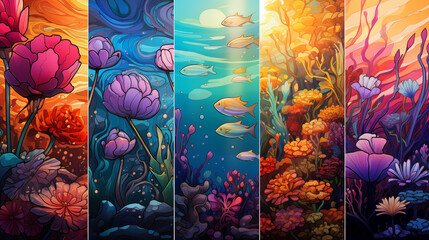 Coral Reefs Diversity Flourishing with reef fish and Beautiful natural colors. Underwater scenes in collage style. Emphasize marine life and the beauty and mystery of the ocean
