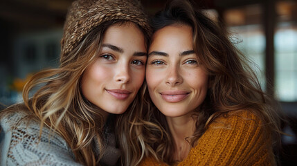 Fototapeta premium Two women with long brown hair and brown hats are smiling at the camera. Image created with AI