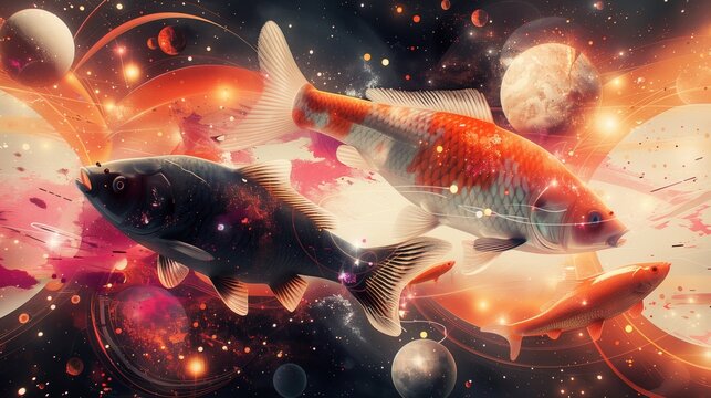 Surreal cosmic fish swimming through space