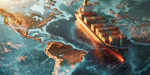 A cargo ship, loaded with containers, on a world map, symbolizing global trade and logistics, with the background blurred to emphasize the vessel.