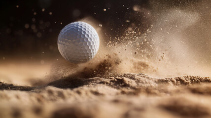 Golf ball in motion, creating a dramatic explosion of sand.