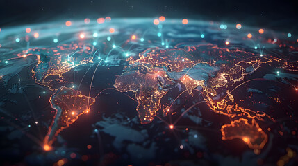 Illuminated world map in the night highlighting global connectivity, with golden lines and lights...