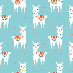 Fototapeta premium Seamless pattern with cute cartoon hand draw white lama, alpaca. Design for printing, textile, fabric.