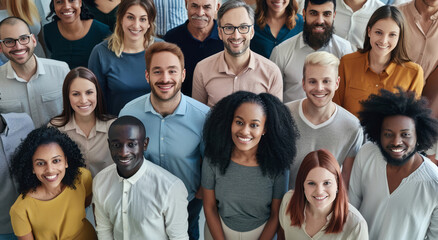 A large, diverse group of people, all standing together in an office setting, smile and look at the camera against a neutral background.