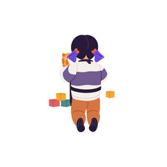 Funny little girl with bows kneeling back view. Happy small kid plays games. Cute preschool child has fun. Children's activities, entertainment. Flat isolated vector illustration on white background