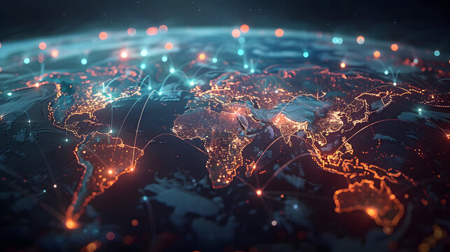 Illuminated world map in the night highlighting global connectivity, with golden lines and lights representing major connections between continents and cities of the planet ai generated art 