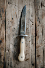 Essential Seafood Tool: Close-up Shot of an Oyster Shucking Knife on a Rustic Wooden Backdrop