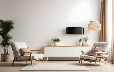Living room mockup featuring a wall-mounted TV with an armchair against a white wall design