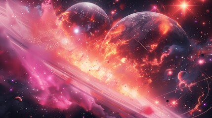 Cosmic dreamscape: fiery nebula and planets - obrazy, fototapety, plakaty