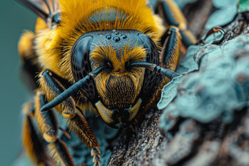 A close-up of a tropical bee with specialized mandibles for harvesting resin from a rare tree, using