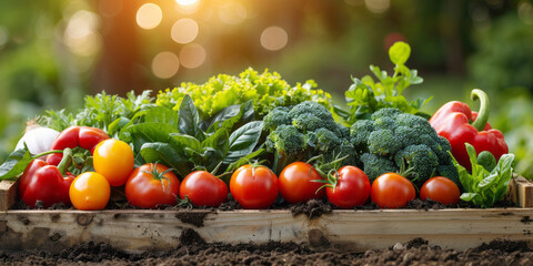 Under the warm sunlight, a garden thrives with vibrant and healthy vegetables.
