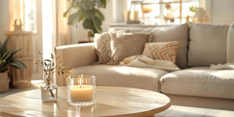 A scented candle in a glass jar is placed on the coffee table of a living room, complemented by a beige sofa and wooden accents.
