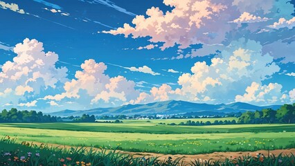 Fototapeta premium anime style landscape with field and blue sky