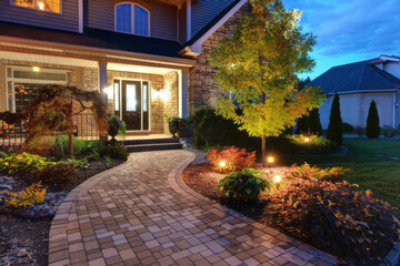 An outdoor lighting system highlights the features of a home's front walkway in nighttime lighting, including a well-lit brick pathway leading to the entrance.