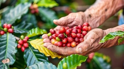 Hand picking arabica or robusta coffee berries in agricultural harvest by farmer for quality beans - obrazy, fototapety, plakaty