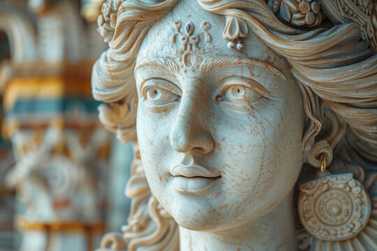 A detailed depiction of the enigmatic cult statue of Artemis, richly adorned with jewelry and symbol
