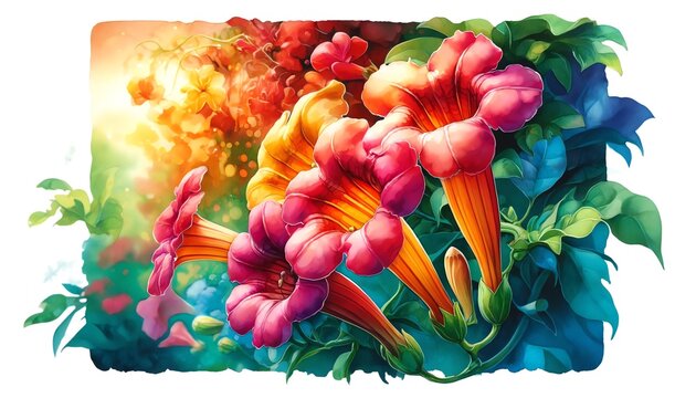 Watercolor Painting of Trumpet Vine Flowers