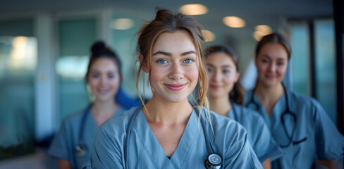 A group of women wearing blue scrubs and smiling for a picture