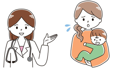 子どもを抱っこした母親が女性医師に相談するイラスト