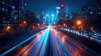 Fototapeta na wymiar the Rhythmic Dance of Traffic Lights in the Night city, with Slow shutter capture of car light
